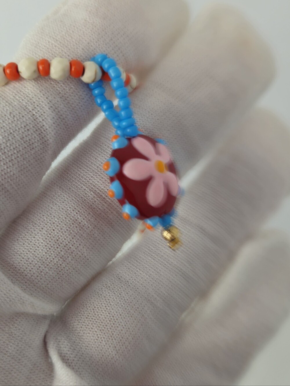 Hand Painted Floral Pendant With Beaded Necklace - Picture 6 of 8